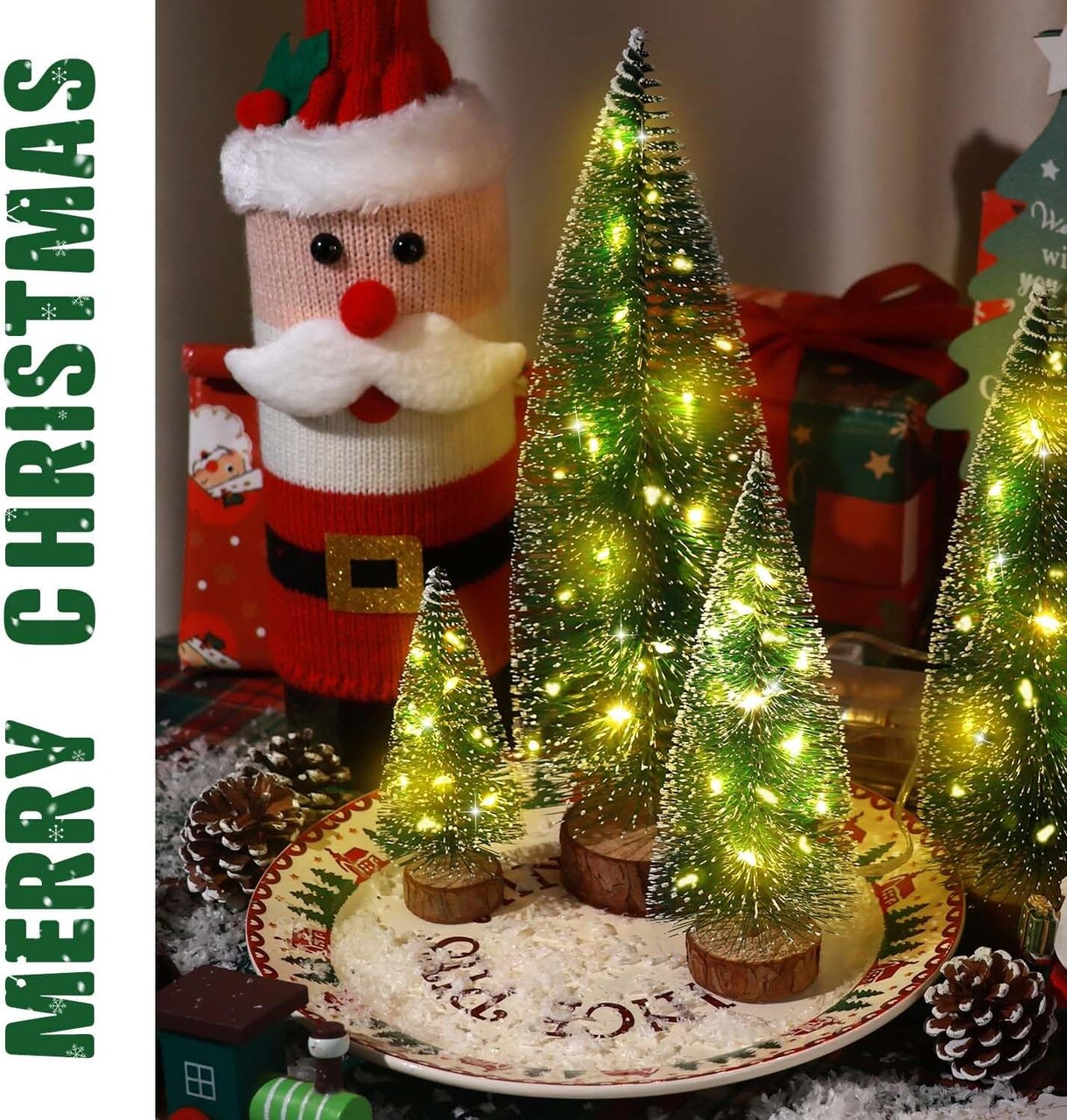 4pcs Mini Christmas Trees with Light, Artificial Christmas Tree Bottle Brush Trees with Wooden Base for Christmas Decor